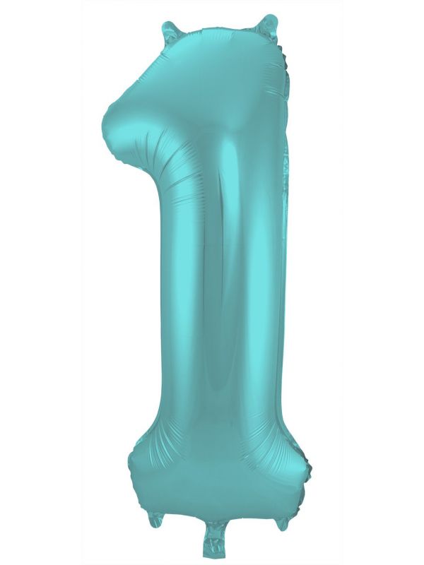Folieballon cijfer 1 metallic pastel aqua blauw 86cm
