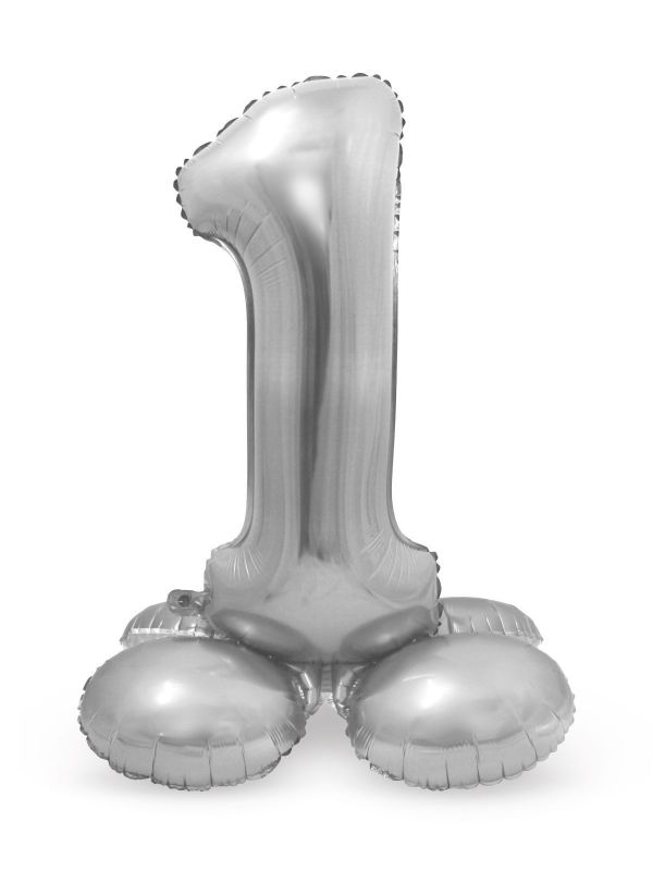 Folieballon cijfer 1 zilver met standaard 72cm