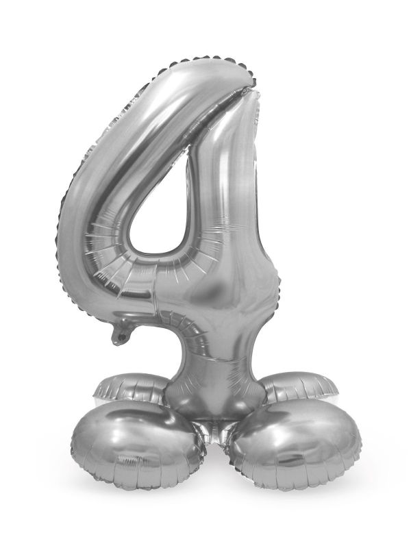Folieballon cijfer 4 zilver met standaard 72cm