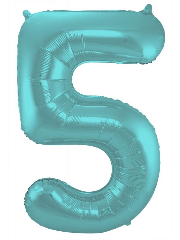 Folieballon cijfer 5 metallic pastel aqua blauw 86cm