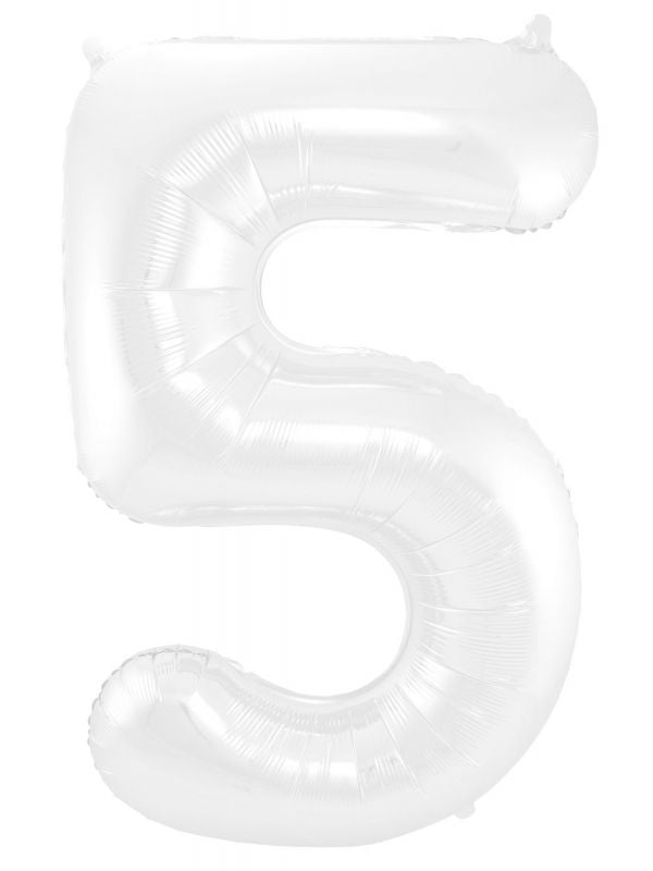 Folieballon cijfer 5 metallic wit 86cm