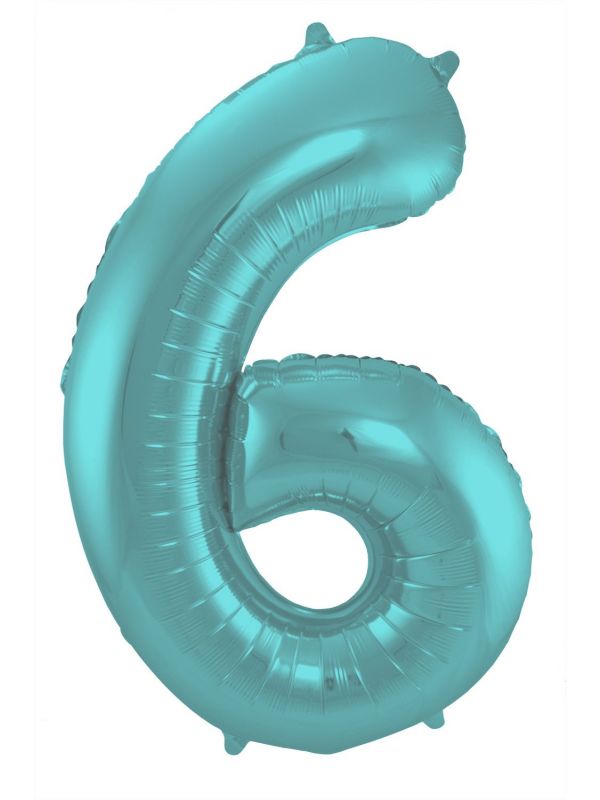 Folieballon cijfer 6 metallic pastel aqua blauw 86cm