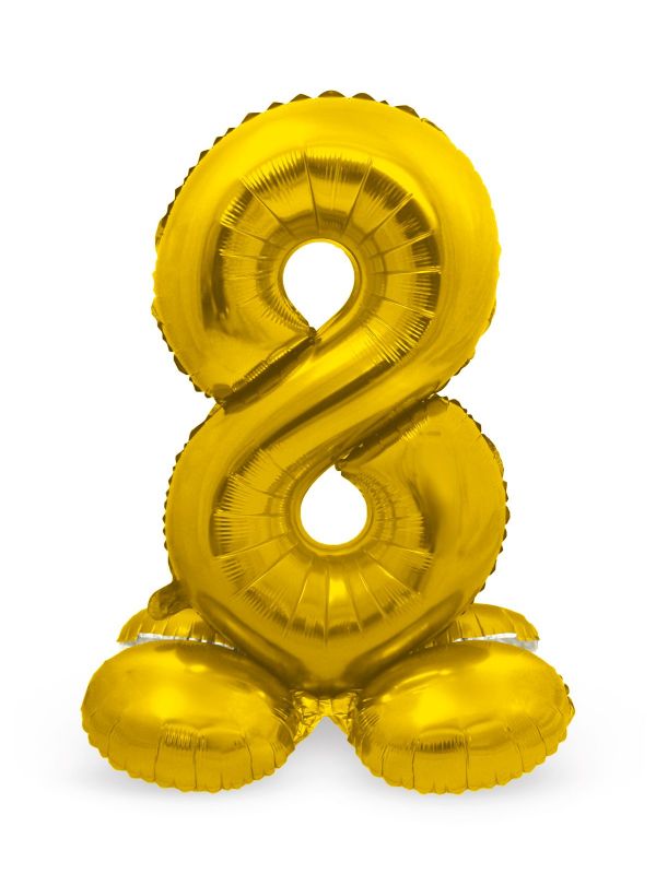 Folieballon cijfer 8 goud met standaard 72cm
