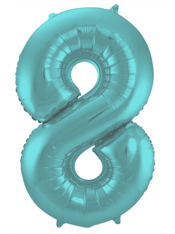 Folieballon cijfer 8 metallic pastel aqua blauw 86cm