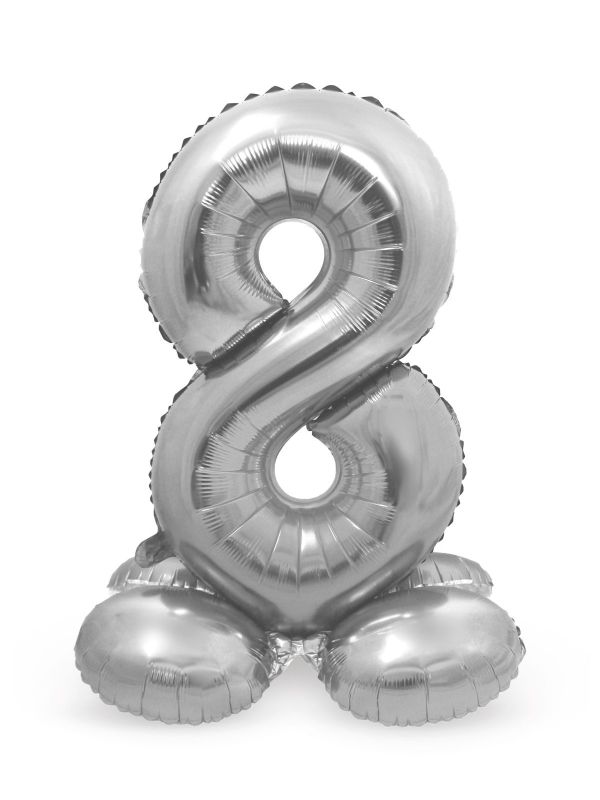 Folieballon cijfer 8 zilver met standaard 72cm