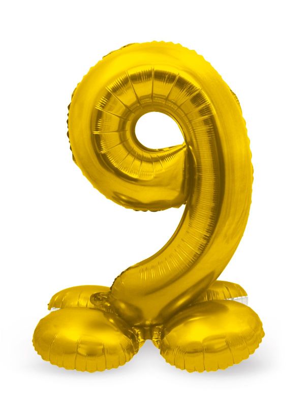 Folieballon cijfer 9 goud met standaard 72cm