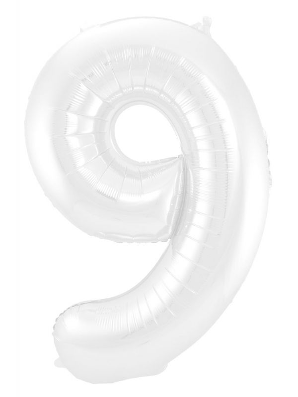 Folieballon cijfer 9 metallic wit 86cm