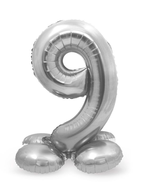 Folieballon cijfer 9 zilver met standaard 72cm