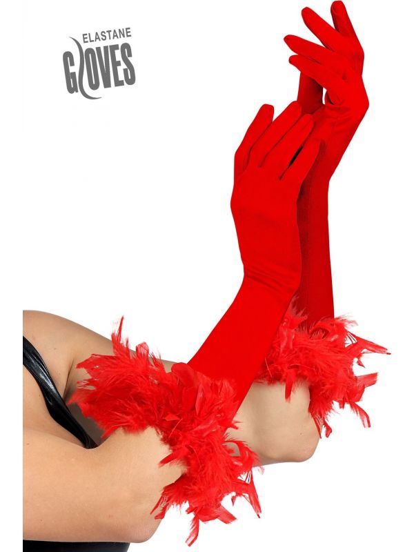 Gala handschoenen met veren rood