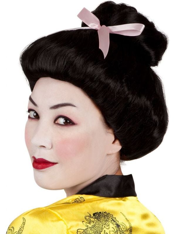 Geisha pruik zwart met strikje