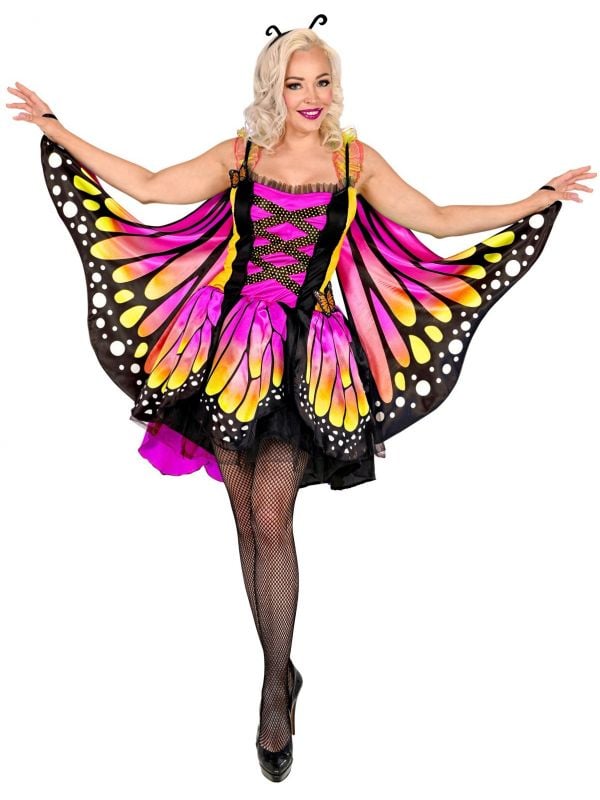 Gekleurde vlinder outfit met vleugels dames