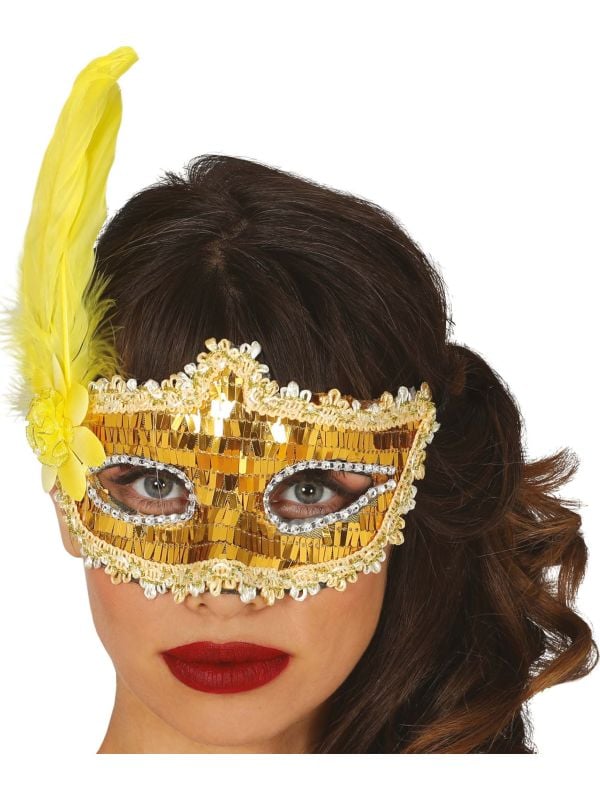 Gouden glimmend oogmasker met veer