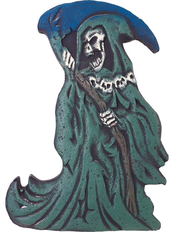 Grafsteen magere hein met blauwe zeis 43 x 32 cm halloween