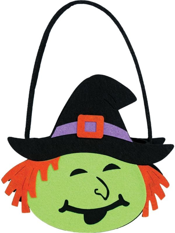 Groene heks snoepemmer met hendel vilt halloween
