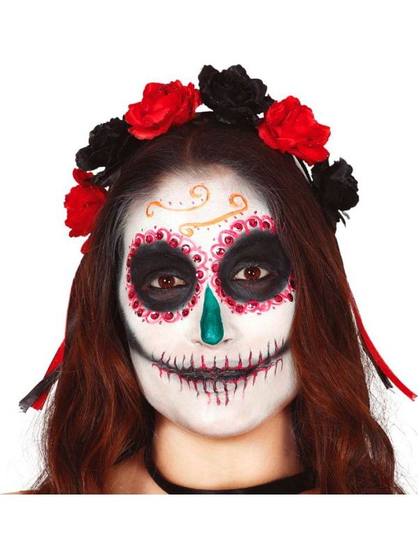 Haarband zwart rode bloemen day of the dead