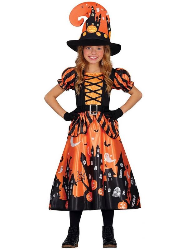Halloween oranje spookhuis heks jurk meisje