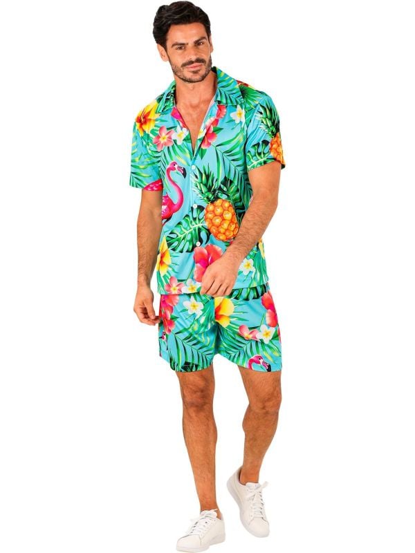 Hawaii zomer pak blauwe flamingo mannen