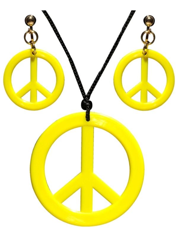 Hippie oorbellen en ketting neon geel