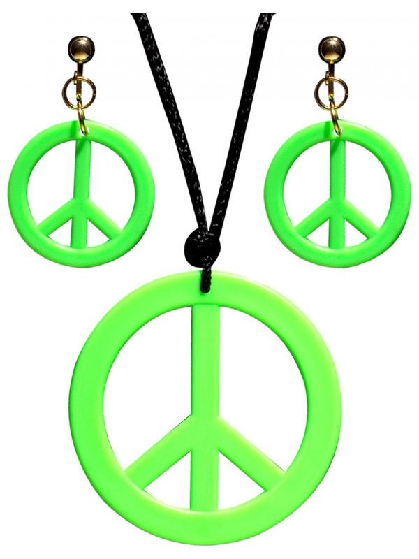 Hippie oorbellen en ketting neon groen