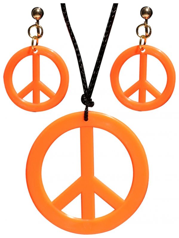 Hippie oorbellen en ketting neon oranje