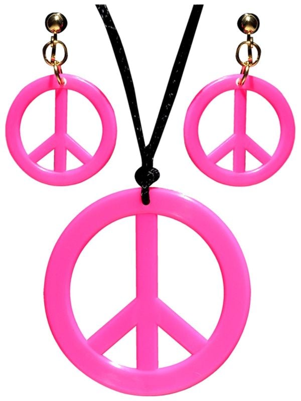 Hippie oorbellen en ketting neon roze