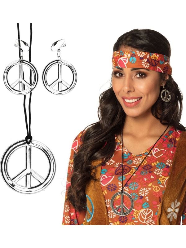 Hippie peace ketting en oorbellen