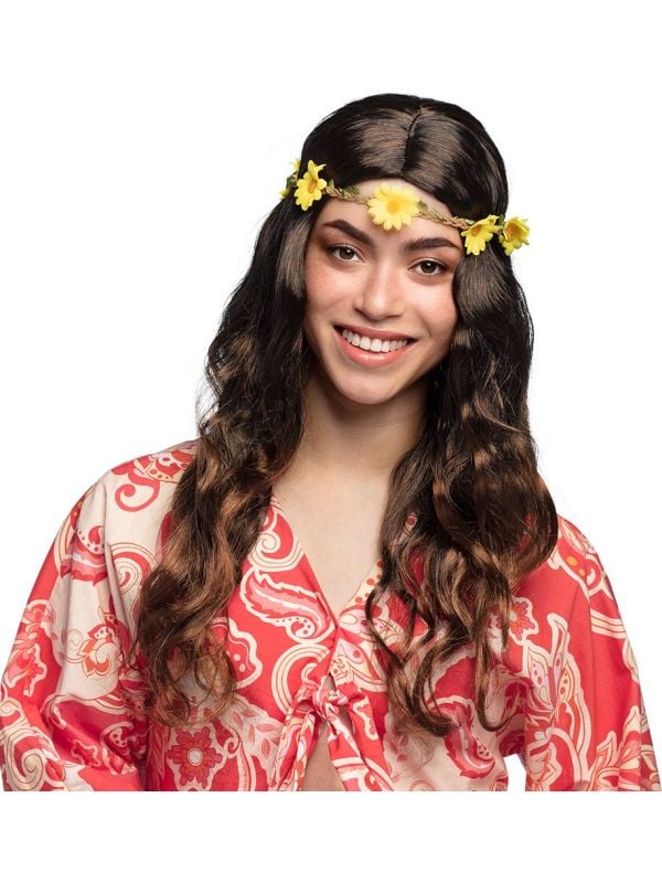 Hippie pruik bruin met bloemen