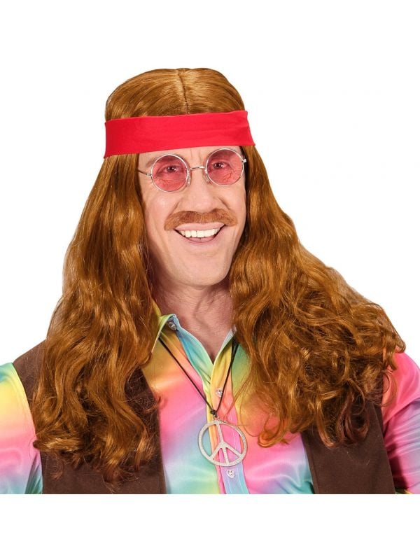 Hippie pruik met snor en rode hoofdband