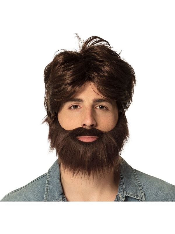 Hipster pruik met baard bruin