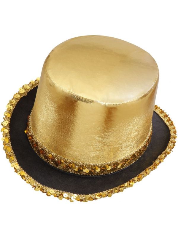 Hoge hoed met pailletten rand goud