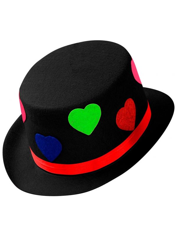 Hoge hoed zwart met hartjes