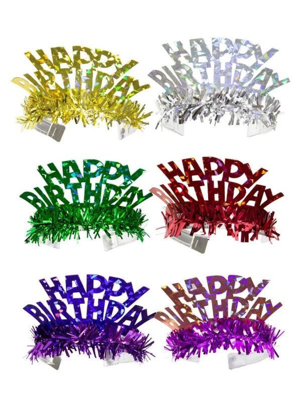 Holografische happy birthday tiara 6 stuks