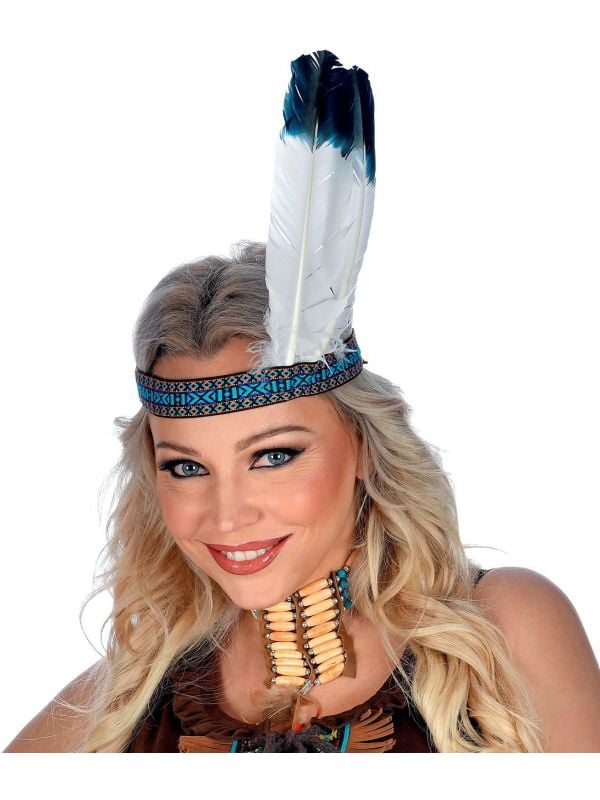 Indianen hoofdband blauw met veren