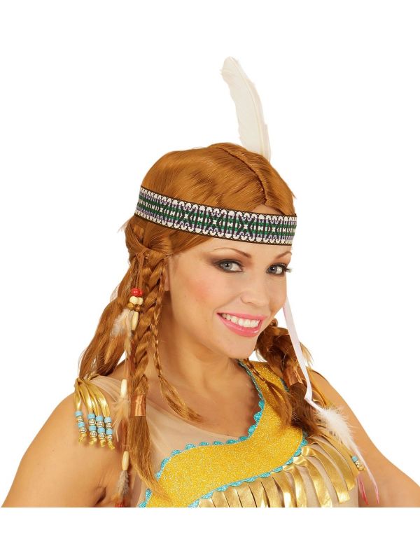 Indianen pruik bruin met hoofdband en veer