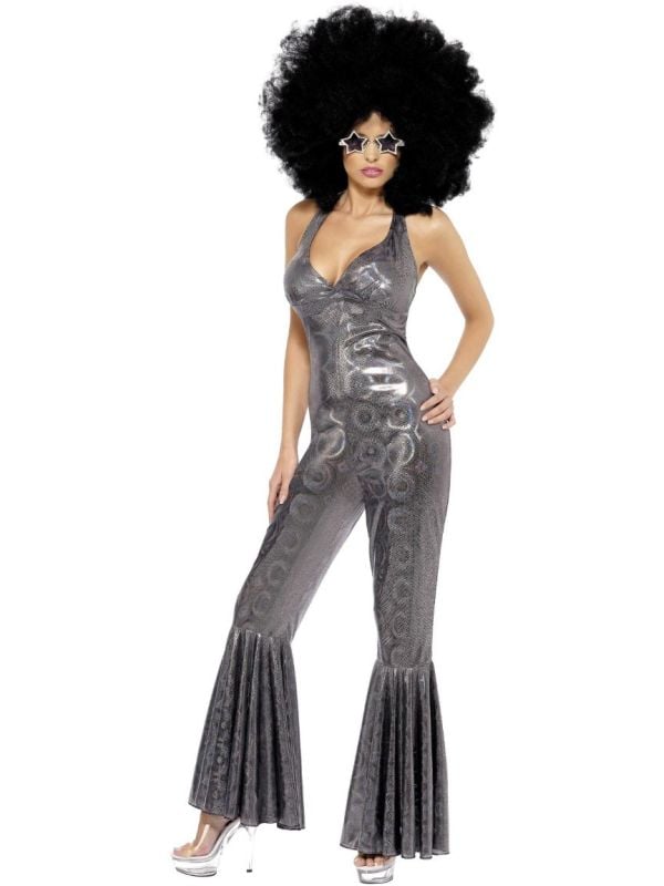 Jaren 70 zilveren disco jumpsuit