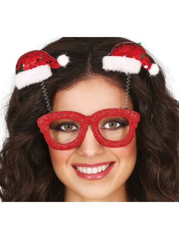 Kerstbril met pailletten en kerstmuts