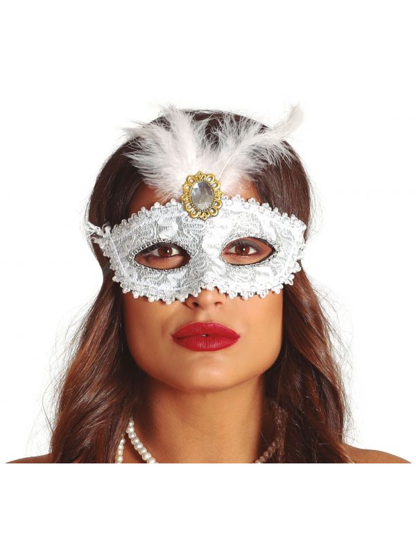 Masquerade oogmasker wit met veren