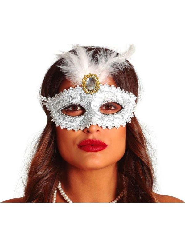 Masquerade oogmasker wit met veren