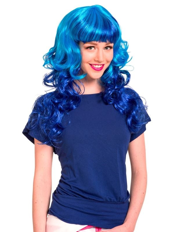 Milly pruik met krullen felblauw