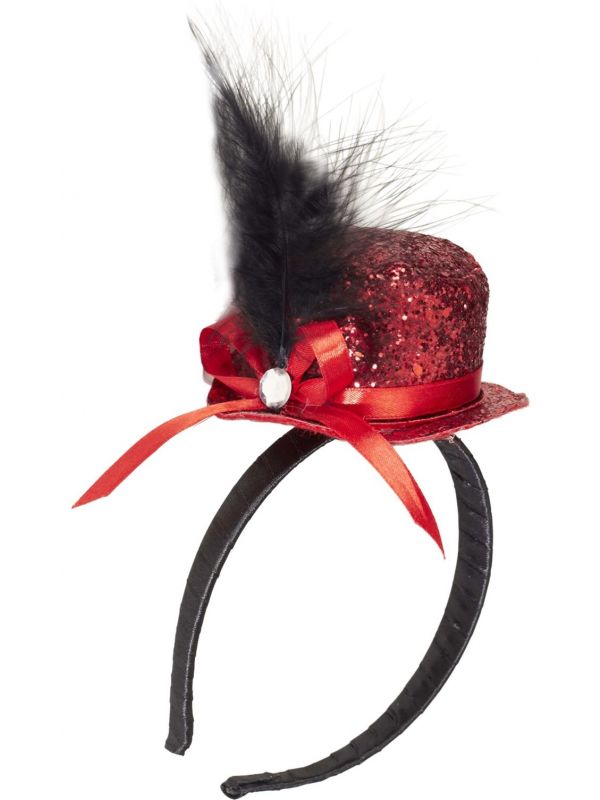Mini hoedje rode glitters met veer