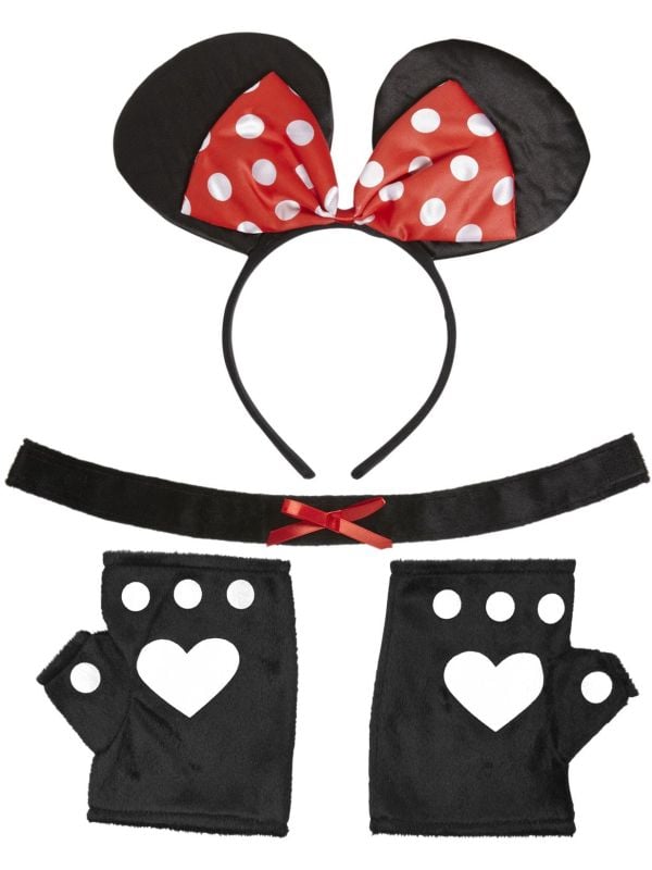 Minnie mouse oortjes, neus en handschoenen