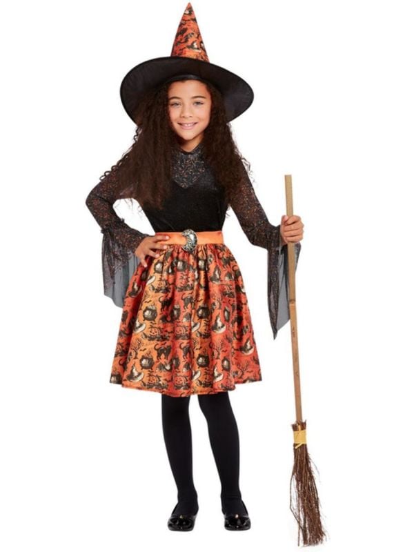 Moderne Heksen Kostum Meisjes Zwart en Oranje