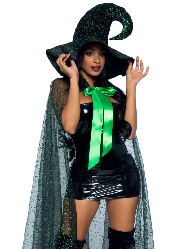 Moon witch cape en heksenhoed met strik groen