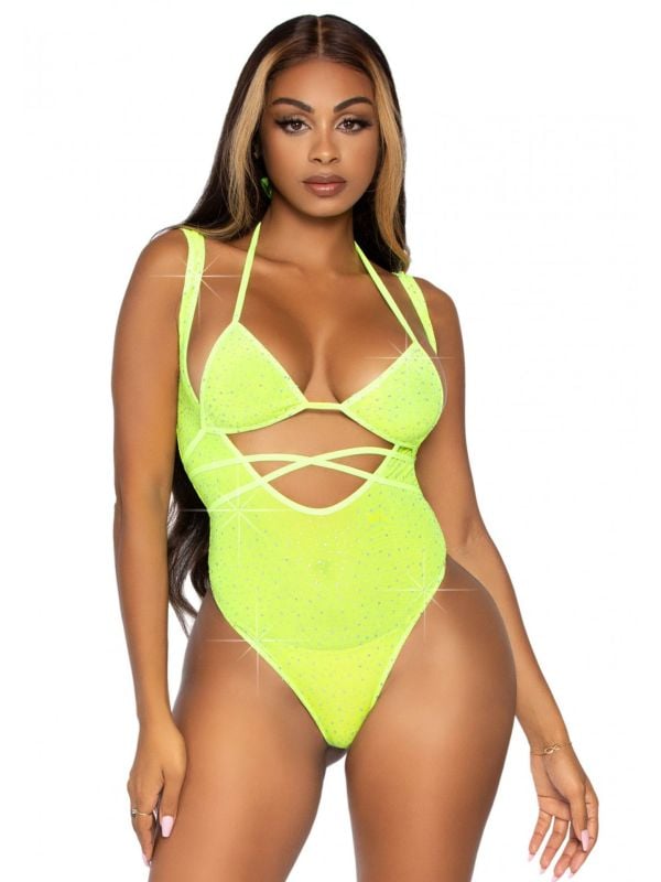 Neon gele glitter bikini bodysuit