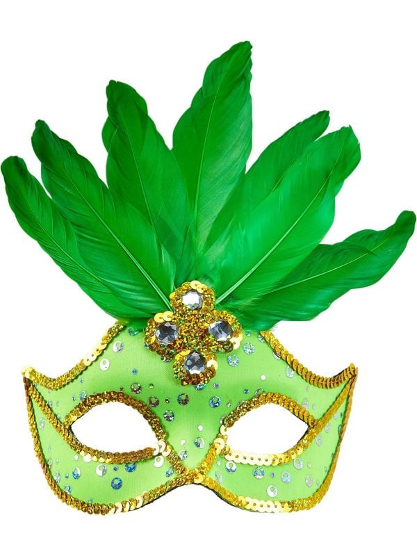 Neon groen braziliaans oogmasker met parels en veren