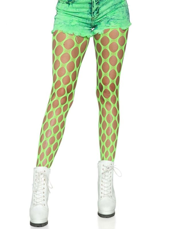 Neon groene visnet panty met grote gaten