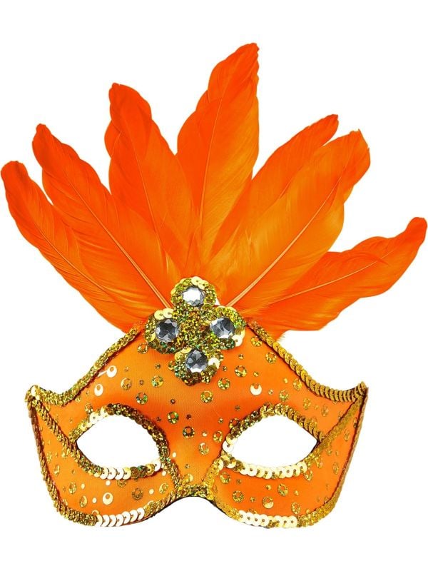 Neon oranje braziliaans oogmasker met parels en veren