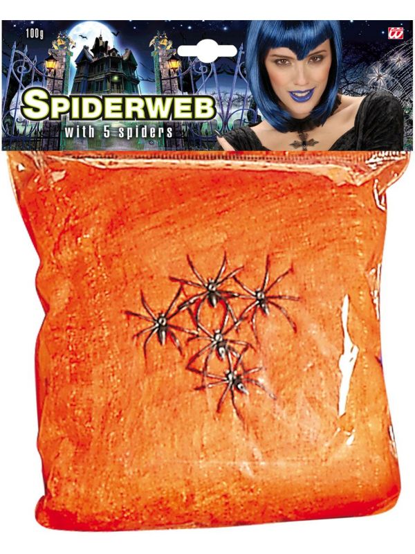 Oranje halloween Spinnenweb met 5 spinnen