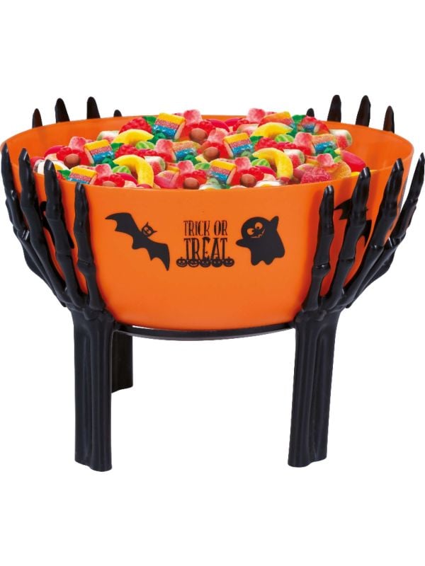 Oranje snoepkom met skelethanden statief 26 x 18 cm halloween