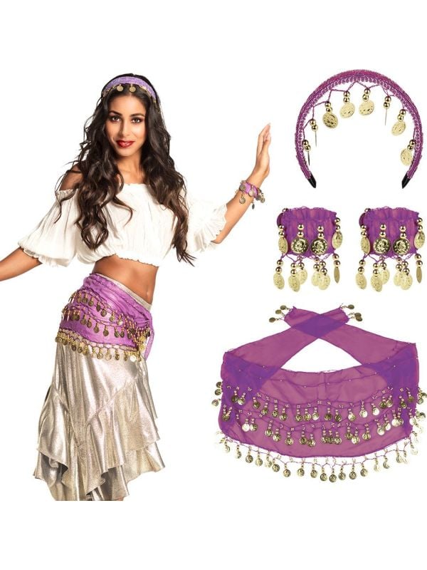 Paarse buikdanseres accessoires set met muntjes